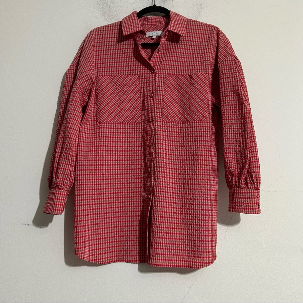 Pearl Lela Rose Checked Seersucker Button Down Shirt Poppy Multi Western Rodeo